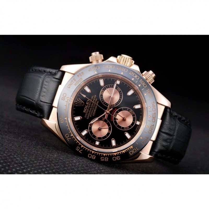 Rolex Daytona Rose Gold Case Black Dial Black Leather Strap